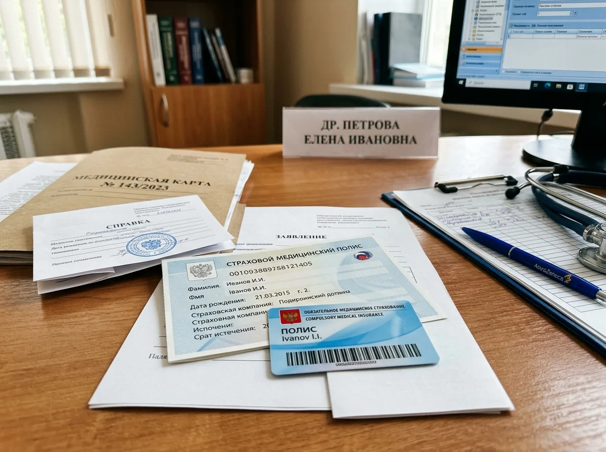 Полис обязательного медицинского страхования и документы на рабочем столе врача