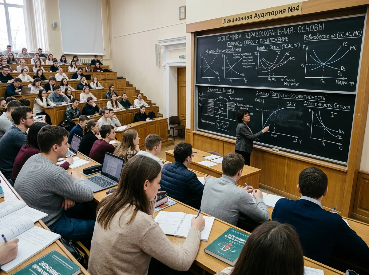 Лекционная аудитория с графиками по экономике здравоохранения на доске — студенты медицинского экономического факультета