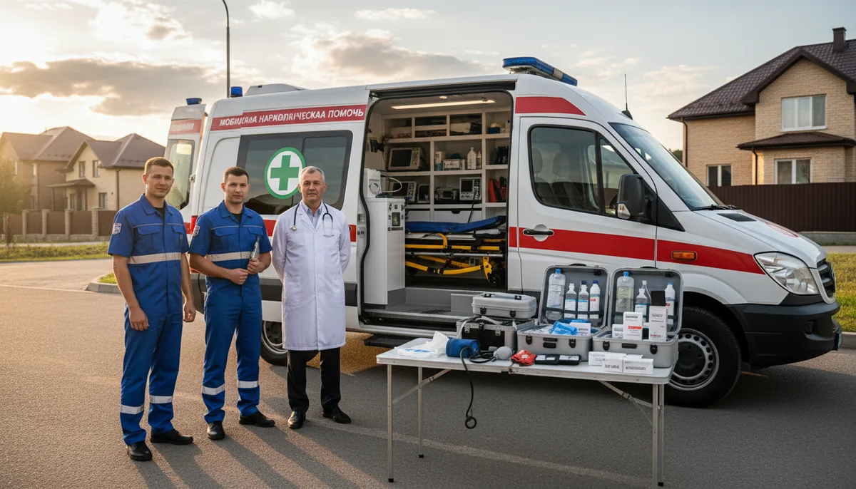 медицинская бригада, оснащённый автомобиль, укладка для выездной наркологической помощи