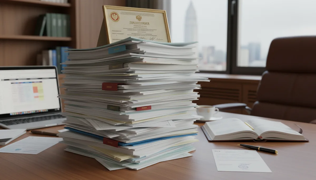 стопка медицинских документов, лицензий и сертификатов на рабочем столе руководителя